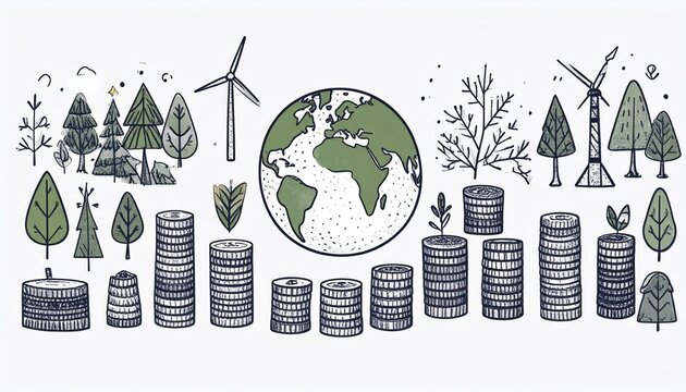 Green earth globe with silver coin stack symbolizing global finance economy and sustainable growth, abstract geometric vector illustration, wallpaper template background, AI generated