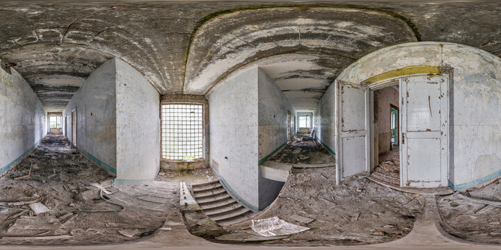 full hdri 360 panorama in empty dirty room in abandoned building damaged by explosion in entrance with old staircase in spherical equirectangular projection, ready AR VR virtual reality content