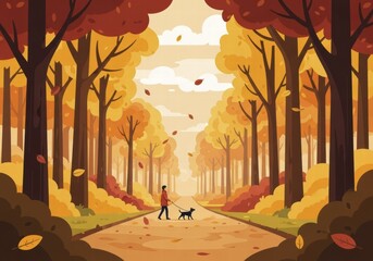 Naklejka premium A solitary figure strolls with their canine companion along a leaf-strewn walkway bordered by vibrant trees in a charming autumnal landscape, AI generated