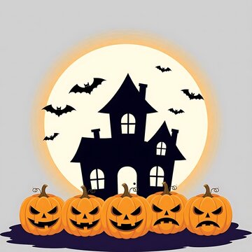 Flat vector banner illustration for Halloween featuring glowing pumpkins and a haunted house silhouette for social media and website backgrounds