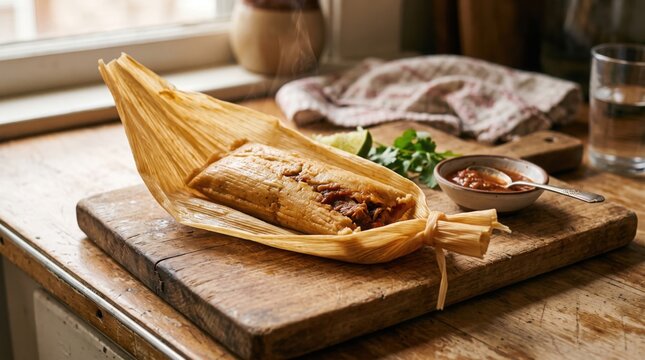 A traditional tamale wrapped in a corn husk on a wooden cutting board with salsa and lime.