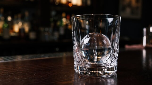 A crystal clear tumbler glass with an ice sphere inside sits on a polished dark wooden bar counter with a blurred background of bottles.