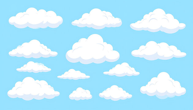 Collection of pixel art clouds in various shapes and sizes, rendered in a flat style against a clear blue sky, retro digital elements