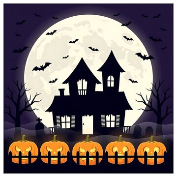 Flat vector banner illustration for Halloween featuring glowing pumpkins and a haunted house silhouette for social media and website backgrounds