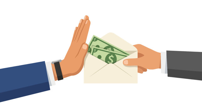 Hand refusing bribe money in envelope.