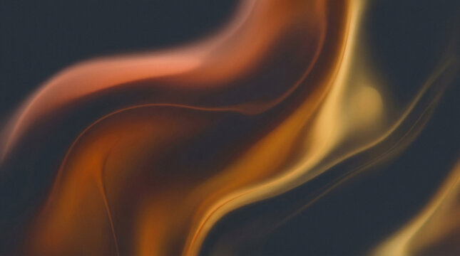 Abstract swirling shapes in deep orange and yellow with dark background.