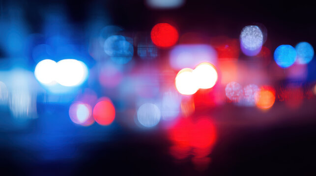 blurred police lights red blue bokeh glowing dramatic nighttime urban emergency atmosphere