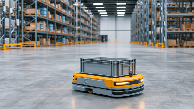 Low profile AMR platform with storage bin in a distribution warehouse