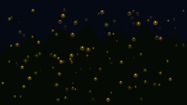 Magical fireflies glowing in night forest silhouette 4k background, animation