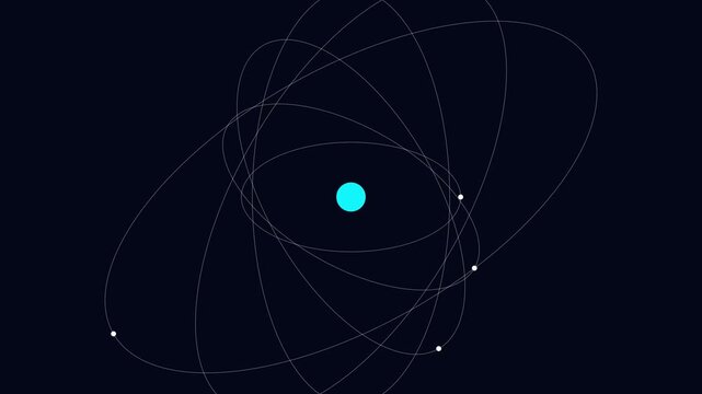 Minimalist atomic orbit animation with rotating electrons and nucleus for science and technology concepts 4k