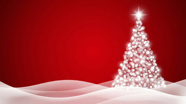 Brightly lit Christmas tree on snowy surface with bokeh effect against red backdrop.