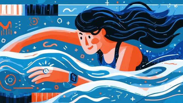 A woman swims laps in a pool with a glowing smart ring on her finger. Swim stroke data and lap counter icons appear around her