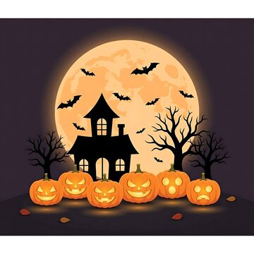 Flat vector banner illustration for Halloween featuring glowing pumpkins and a haunted house silhouette for social media and website backgrounds