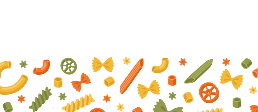 Vector Italian pasta food macaroni design set. Italian pasta type cartoon different shape isolated icon
