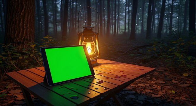 Green screen tablet on wooden camping table in dark forest at night with lit oil lantern and fireflies, digital device mockup for travel and outdoor technology themes.