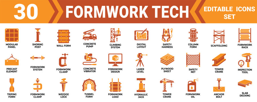 Set of thirty construction formwork technology icons for building engineering and concrete site works Minimal solid fill icon set bundle collection. Editable Vector Illustration Mega pack