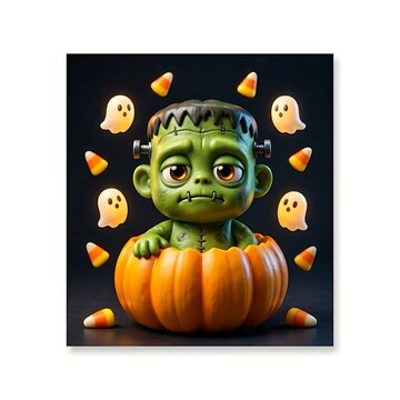 Cute 3d stylized Frankenstein monster popping out of a pumpkin for microstock, web design, and digital merchandise assets