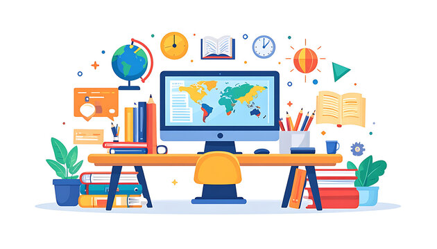 Computer desk setup with world map on screen, books, globe, and plants, representing education and global connection