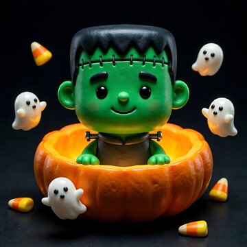Cute 3d stylized Frankenstein monster popping out of a pumpkin for microstock, web design, and digital merchandise assets