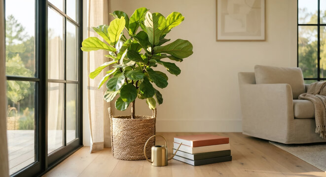 Living room corner with a fiddle leaf fig plant and books by a large window.