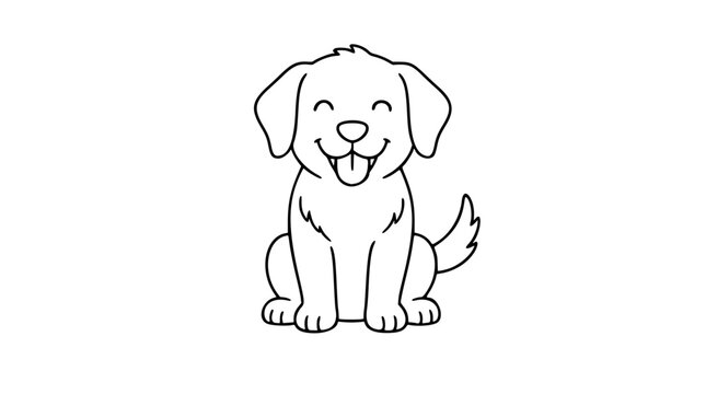 Cheerful fluffy puppy dog vector icon, cute hand-drawn outline illustration with open smile, paws, floppy ears and wagging tail, minimalist black line art for pet lovers, children and branding
