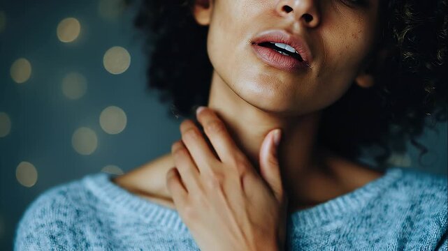 Close-up of woman holding her neck during throat discomfort, sore throat and health issue concept, medical care and wellness theme, soft natural lighting, shallow depth of field