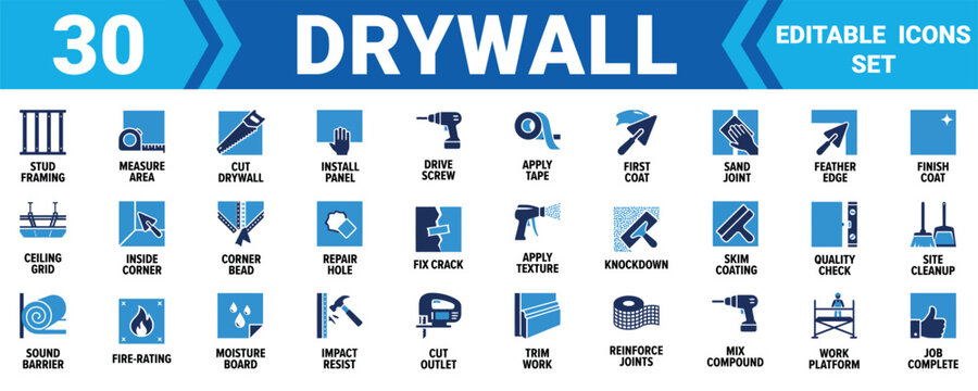 Set of 30 drywall construction and renovation vector icons for professional building and repair work Minimal solid fill icon set bundle collection. Editable Vector Illustration Mega pack