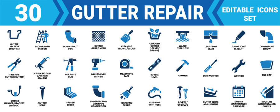 Set of 30 gutter repair and roof maintenance icons showing tools and equipment for cleaning and fixing Minimal solid fill icon set bundle collection. Editable Vector Illustration Mega pack