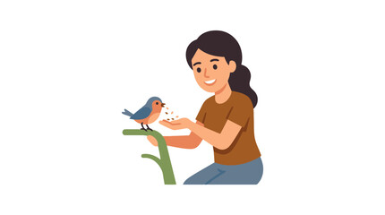 Fototapeta premium Minimalist of a Person Feeding a Small Blue and Brown Bird from Hand on a Green Branch with high quality professional line art symbols for modern creative design and digital branding projects