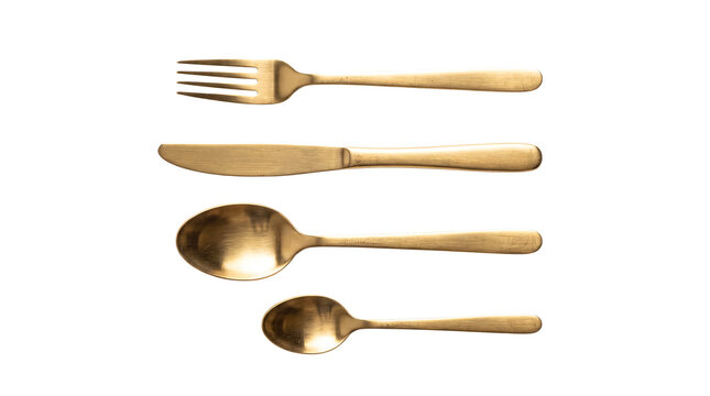 Golden Cutlery Set with Fork Knife and Spoons on White