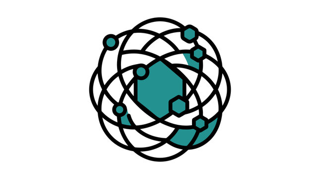 Clean Minimalist Network Diagram with Hexagonal and Circular Nodes in Teal and Black with high quality professional line art symbols for modern creative design and digital branding projects