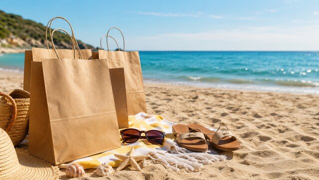Relaxing Beach Scene with Shopping Bags, Sunglasses, and Sandals Laid on a Towel by the Ocean Under a Bright Blue Sky and Sunshine