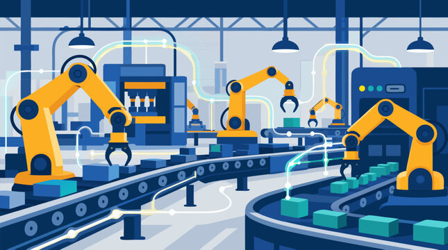 Smart factory automation illustration with synchronized yellow robotic arms, conveyor belts and glowing data light paths showing connected manufacturing, efficiency and future industry