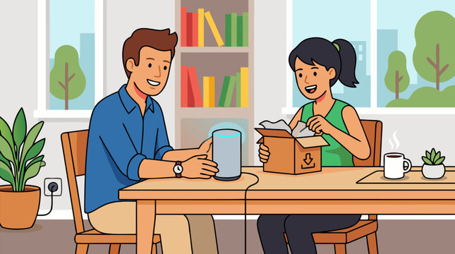 Happy couple unboxing smart speaker with glowing light on wooden table, excited man and woman opening delivery package, modern home automation, wireless voice assistant technology, vector illustration