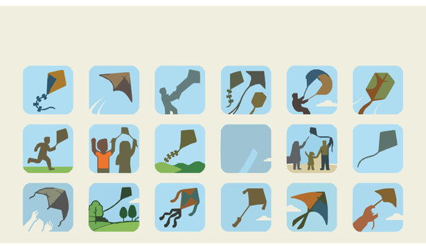 Design an original vector collection of 32 kite icons isolated on a solid white background. Arrange the icons in alternating rows with varied proportions and flying angles for a distinctive compositio