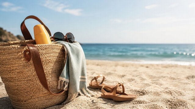 A Relaxing Day at the Beach: A Straw Bag with Sunscreen, Sunglasses, and Flip-Flops on Sandy Shores Under a Clear Blue Sky