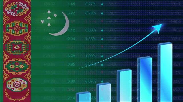Turkmenistan economy growth concept background.Turkmen stock exchange.Turkmenistan flag with stock market graph and bar