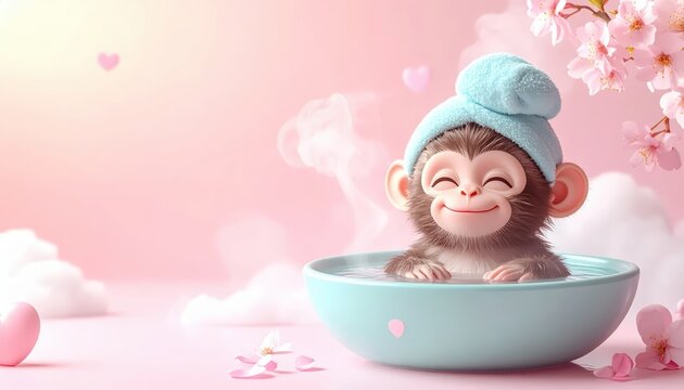 Adorable Baby Monkey Relaxing in a Hot Spring Style Bath with a Blue Towel, Surrounded by Cherry Blossoms on a Pink Background with Ample Copy Space.