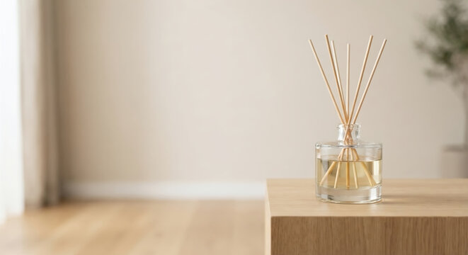 Reed diffuser on a wooden table in a cozy, minimalist interior.