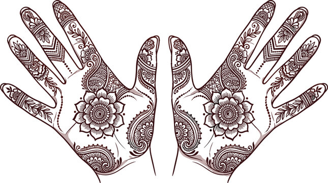 Traditional mehndi henna design on palms with intricate floral mandala patterns isolated vector illustration background