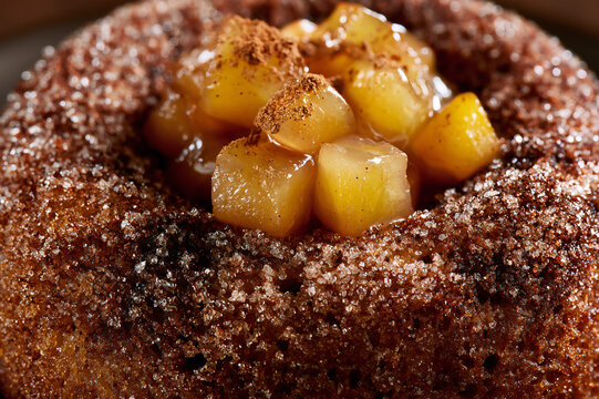 Macro photograph of an apple cider donut with cinnamon sugar rub and spiced apple chunks