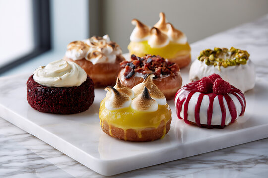 Elegant display of diverse artisanal donut flavor varieties arranged on a marble slab