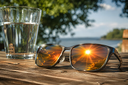 Ultra-realistic sunglasses reflecting a blazing summer sun beside a glass of water on a wooden table, highlighting heatwave, UV protection, hydration and summer safety with generous copy space.
