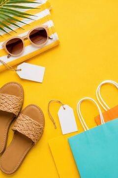 Stylish Summer Accessories with Sandals, Sunglasses, and Colorful Shopping Bags Arranged on Bright Yellow Background Creating a Vibrant Seasonal Aesthetic