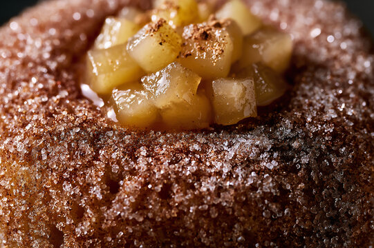 Macro photograph of an apple cider donut with cinnamon sugar rub and spiced apple chunks