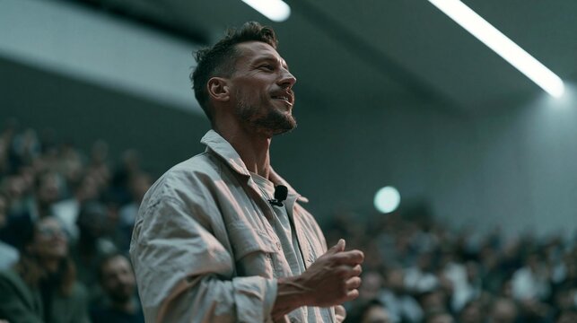 Man standing in front of a large crowd of people in a conference room. he is wearing a beige jacket and has a microphone attached to his shirt.