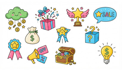 Fototapeta premium Set of 10 playful doodle style business and reward icons for creative web and print design