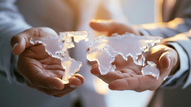 Two hands holding a 3d model of a world map. the hands are cupped together and the background is blurred, but it appears to be an indoor setting with natural light shining on the hands.