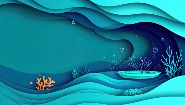 Abstract Paper Cut Underwater Ocean Scene with Boat and Coral Reef, Teal and Blue Layered Waves with Ample Copy Space for Text