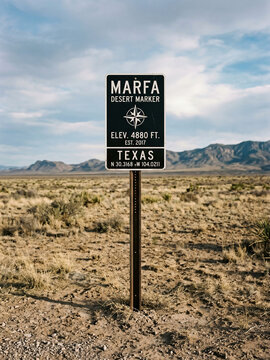 Marfa Desert Marker sign in the Texas desert landscape